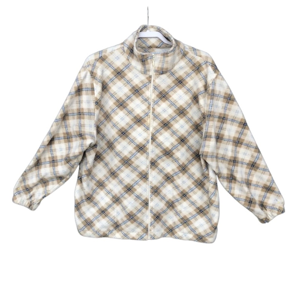 PACER 1X Sweatshirt Zip Up Fleece Women Tan, Blue & Cream Window Pane Plaid